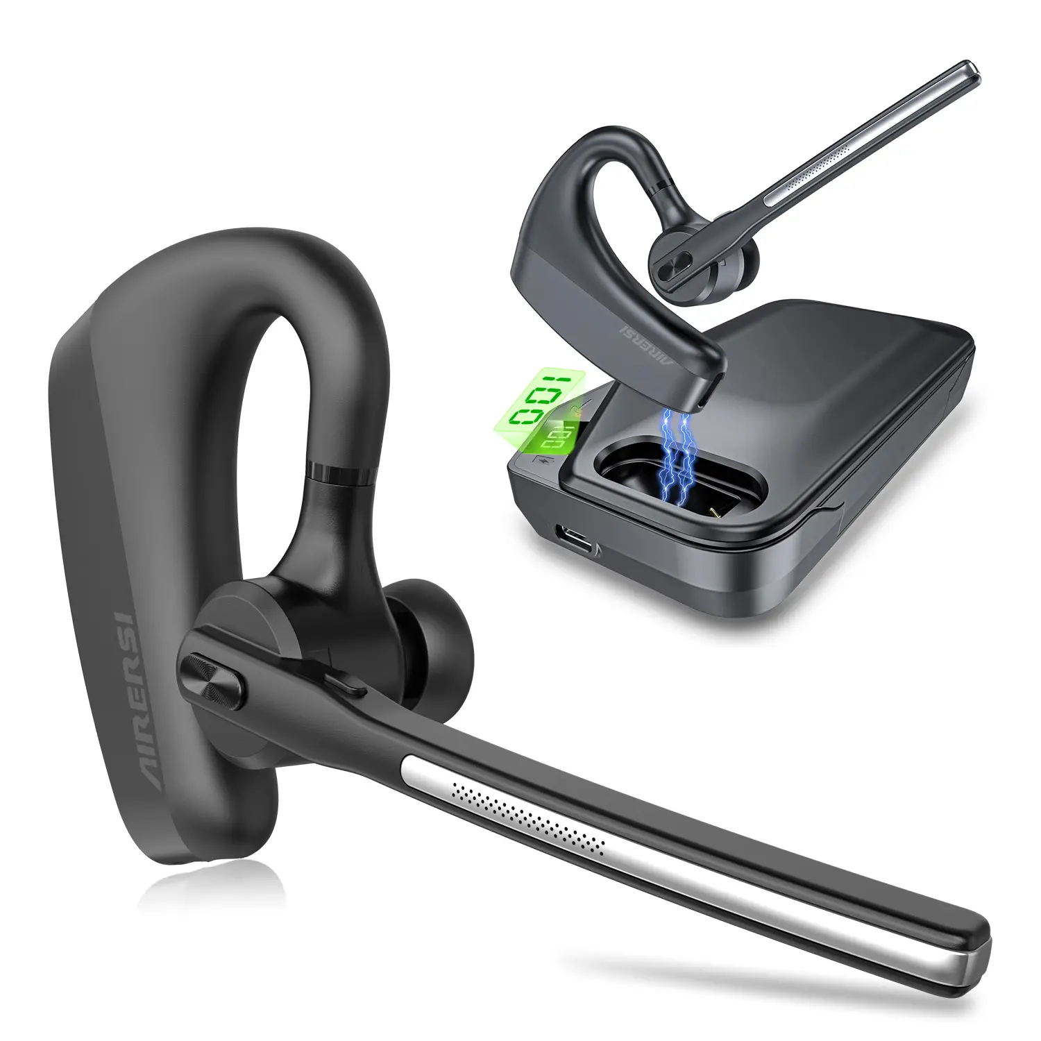 K10 Bluetooth Wireless Headset, Noise Cancelling Headphones, In-Ear Hook Earpiece with Bluetooth 5.3, CVC 8.0 Dual Mic, 1-Click Mute, 22H Talk Time, Portable Charging Case, Multi Device Stable Hands-Free for Truck Drivers, Business Office Audio Button Cha