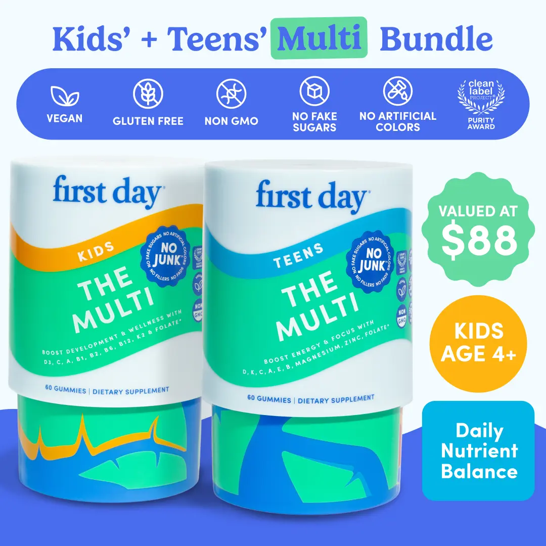 First Day Bundled Set - Kids Essential & Teens Daily Kickstart Multivitamin Gummies (Ages 12-17) - Edible, Clean Label Dietary Supplements with Healthy Ingredients for Brain Health - Organic, No Fillers, Gums, Added Sugars, "No Junk" Daily Vitamins Daily