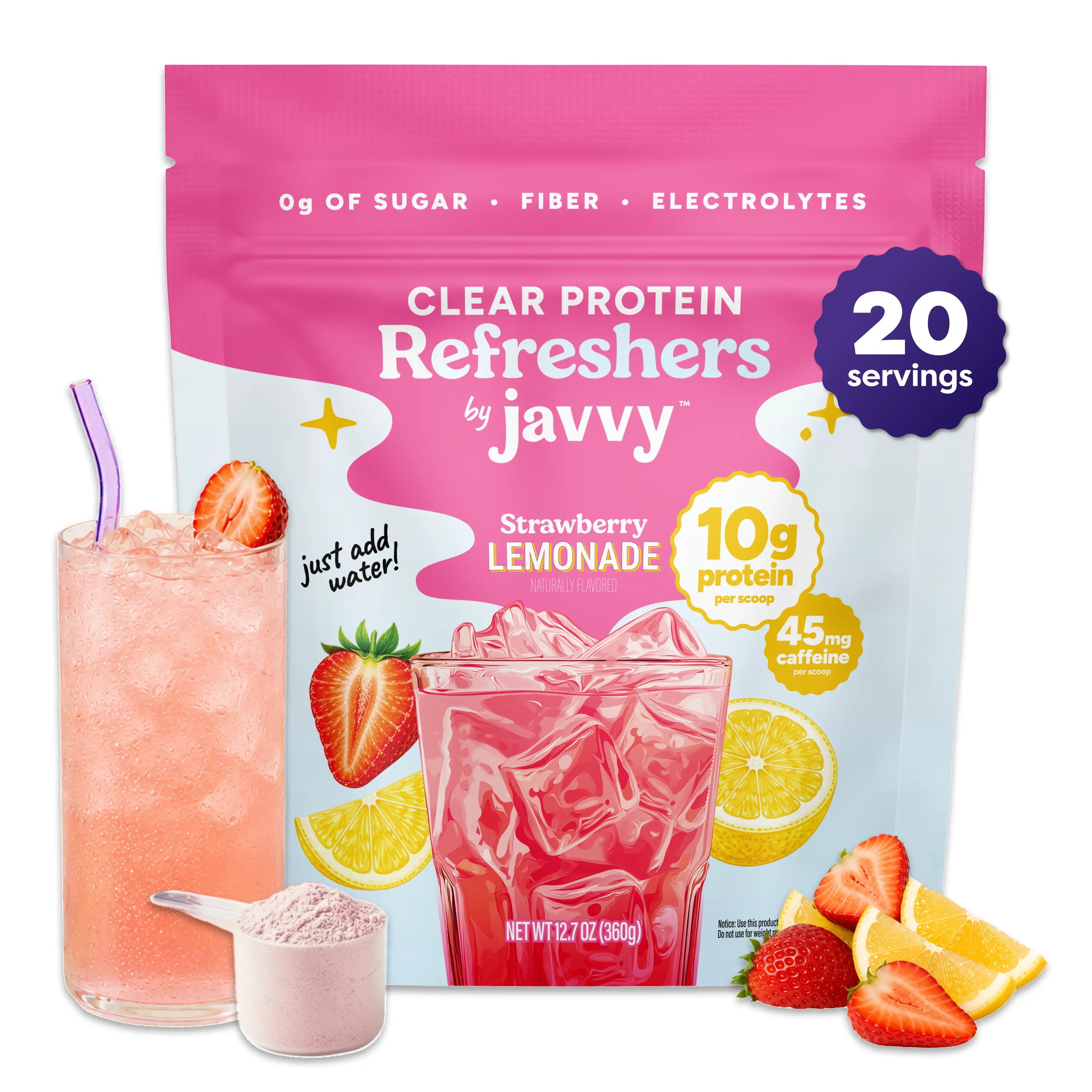 Javvy Strawberry Lemonade Refresher - Premium Clear Whey Protein Drink with Electrolytes, Fiber, 45mg Caffeine, 0g Sugar, 100% Natural Flavors, 0 Artificial Colors & Sweeteners - 20 Servings