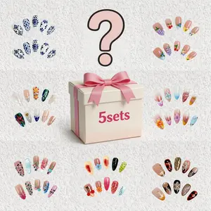 5 Sets Assorted Glossy Almond Press-On Nails, Randomly Selected Value Pack - Premium Handmade Fake Nails for Professional Daily Manicure, Glossy Fake Nails