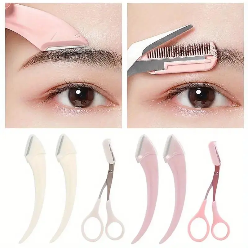 Eyebrow Styling Kit - Curved Razor, Scissors With Comb, Stainless Steel Makeup Tool For Beginners, All Skin Types Hair Removal Accessory For Men Women