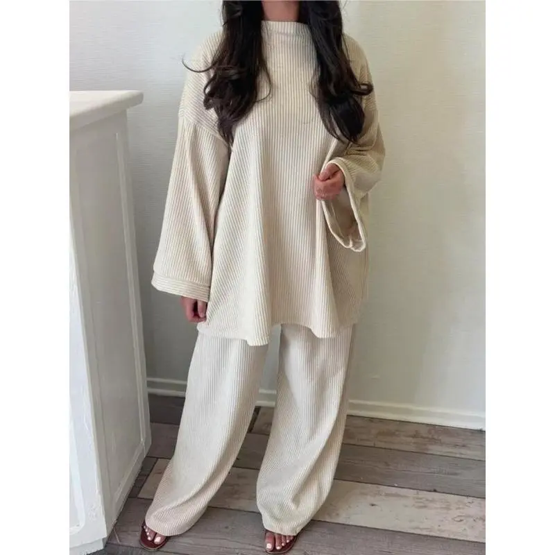 Autumn Winter Solid Color Corduroy Pants Sets Women Loose Long Sleeve Wide Legs Trousers Two Piece Set Female Commuting Clothing