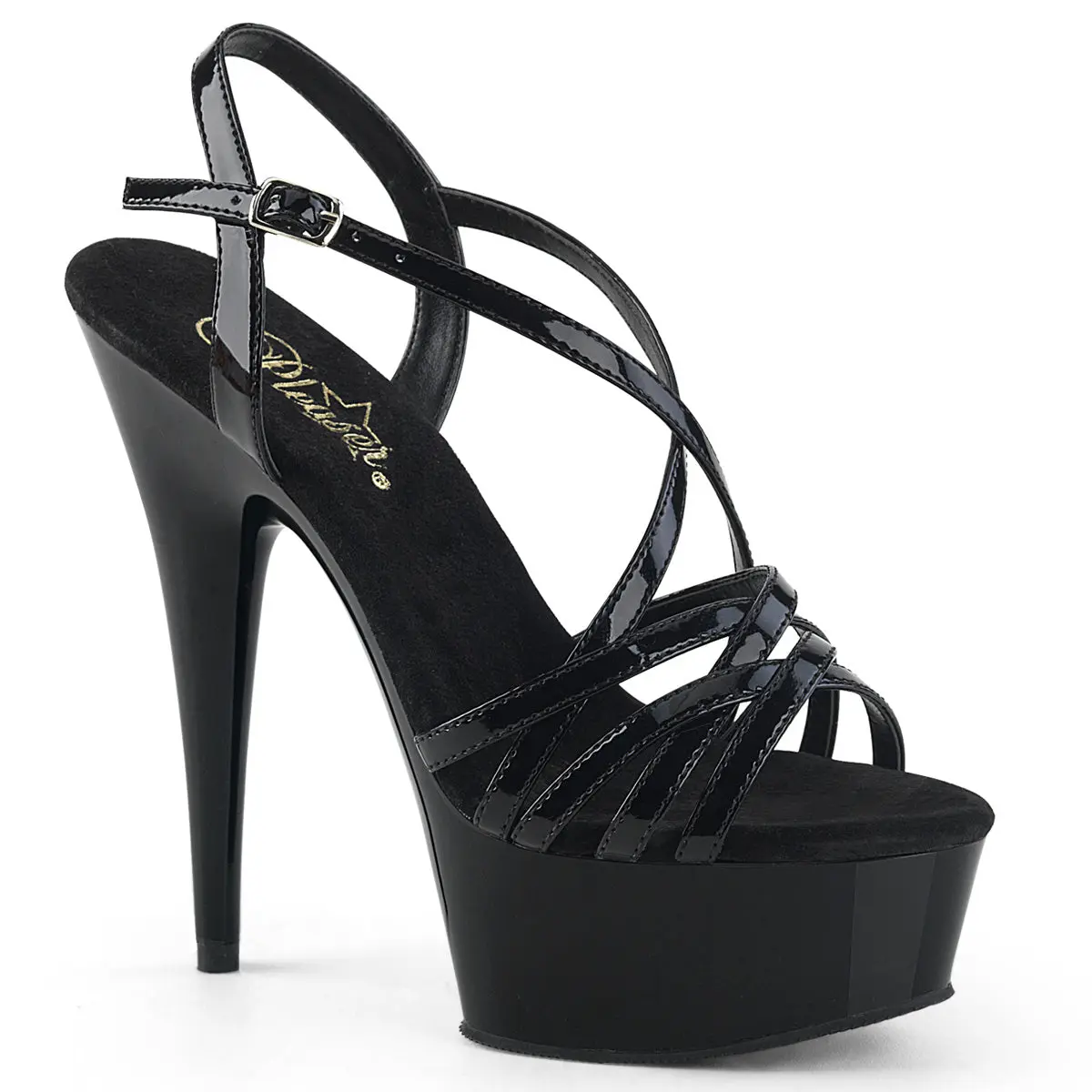 Pleaser Delight-613 Women's Black Platform Sandals, Elegant Crisscross Strap Stilettos with a 6" Heel, Fashionable Heeled Sandals, Pleaser Heels, 6 Inch Heel