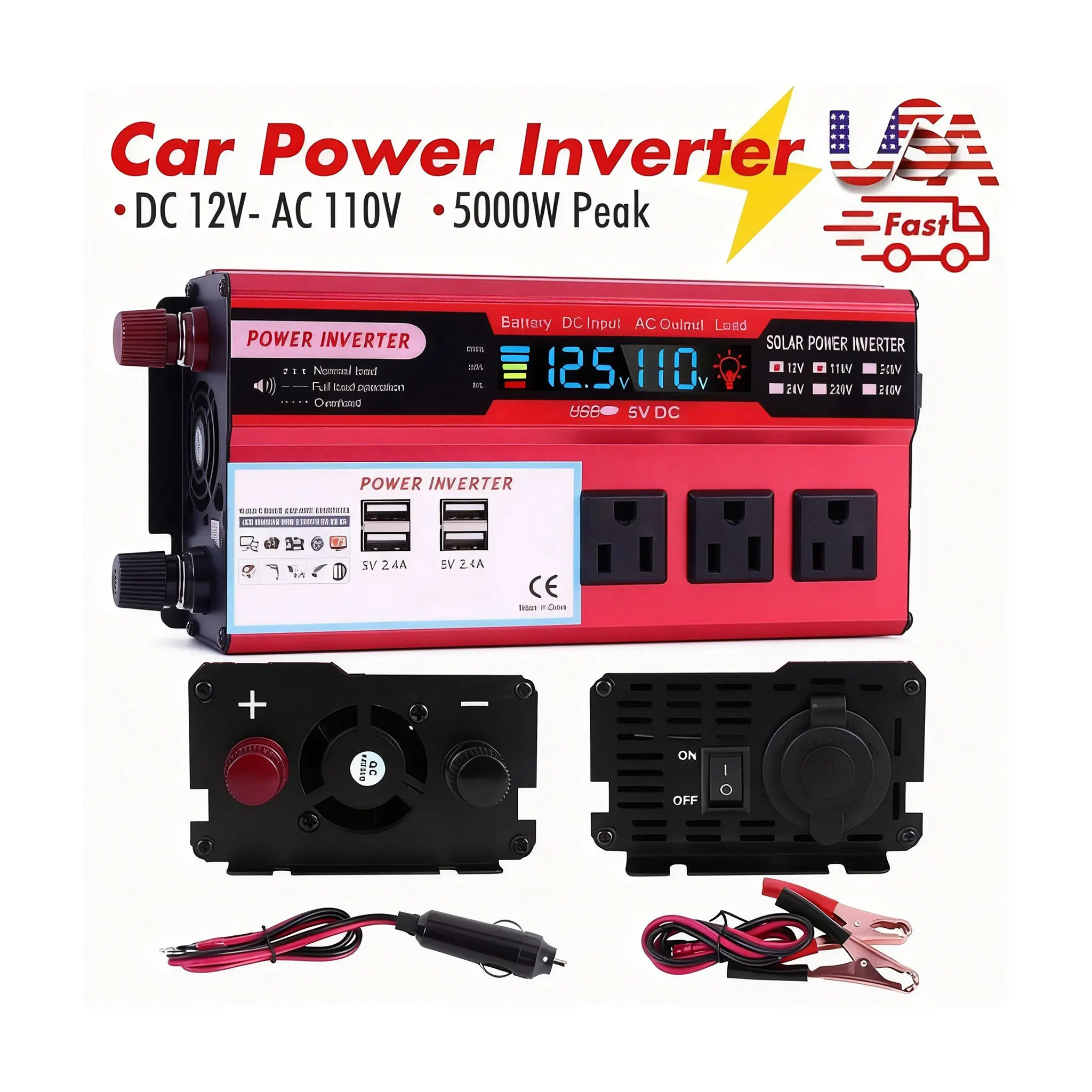 DC 12V to 110V Vehicle Power Inverter 5000W Peak Surge Power Converter with Multiple Sockets USB Quick Charge, Portable Automotive Power Supply for Pickup Truck Heavy-Duty Vehicle Emergency Backup & Job Site Outdoor Usage