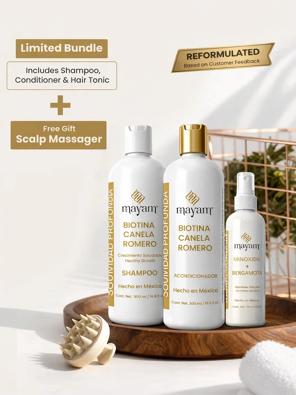 Mayam Cabello Fuerte Growth Kit REFORMULATED – Biotin, Rosemary & Cinnamon Formula + Minoxidil Tonic 500ml Shampoo & Conditioner + 125ml Tonic | Made in Mexico Gentle