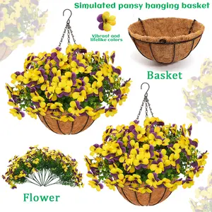 2 Pcs Artificial Pansy Hanging Baskets - UV Resistant Silk Faux Flowers for Summer Outdoor Porch Patio Balcony Garden Decor