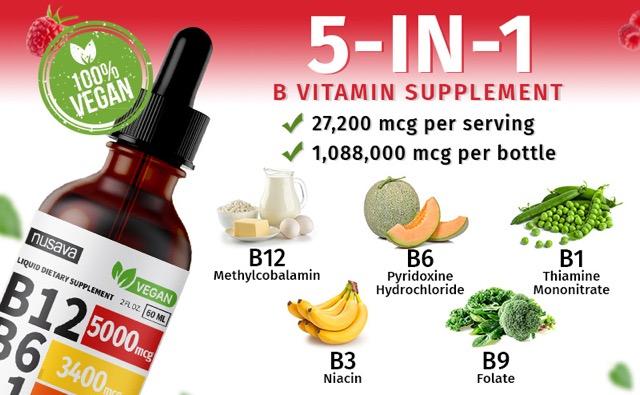 (4-Pack) Vitamin B12 Raspberry, & Strawberry Liquid Edible Supplement Drops with B6, B1, Niacin & Folate for Energy, Brain & Heart - 27,200 mcg per Serving, 4 fl Oz