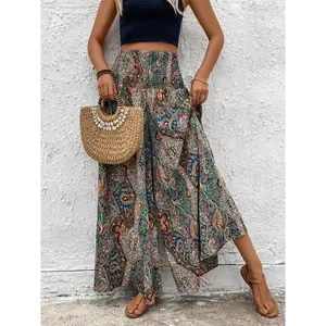 Plus size women's fully printed wide leg pants with bohemian style ethnic patterns, fitted high waisted straight legs, shirt design