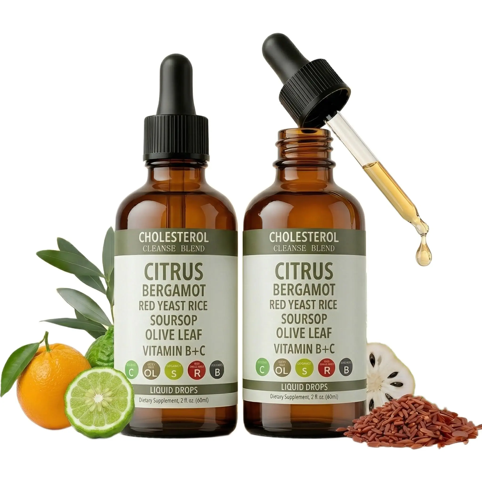 Red Yeast Rice Drops Citrus Bergamot Liquid, High Absorption Cholesterol Support with Soursop Olive Leaf Vitamin B+C Natural Non-GMO Heart Health Antioxidant Liquid Supplement 2 Fl Oz *2 Pack