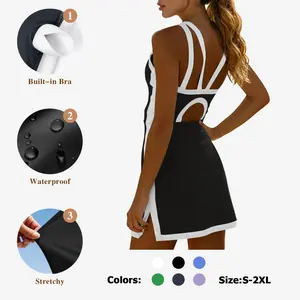 Fisoew women's sleeveless halter tennis dress with white piping, open back design, and stylish cutout details at the back, perfect for sports or casual wear #TikTokShopJumpstartSale Workoutdress