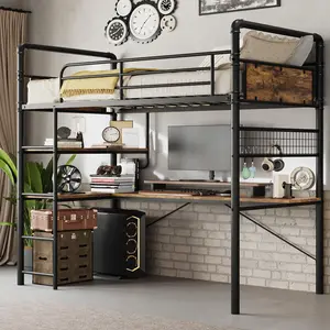 Garvee Twin Loft Bed with L-Shaped Desk, Metal Bunk Bed Featuring High Guardrail and Ladder, Easy Assembly, Vintage Brown Finish, Suitable for Teens and Adults, Space-Saving Design with Desk Underneath