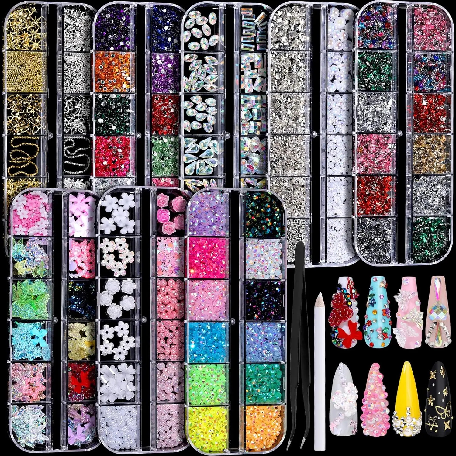 Nail Rhinestones Kit with 8 Boxes of Nail Gems, Nail Charms, 3D Charms for Nails, Colorful Clear Flatback Rhinestones, Charms Y2K for Nails, Multi Shape Pearls Jewels for Crafts