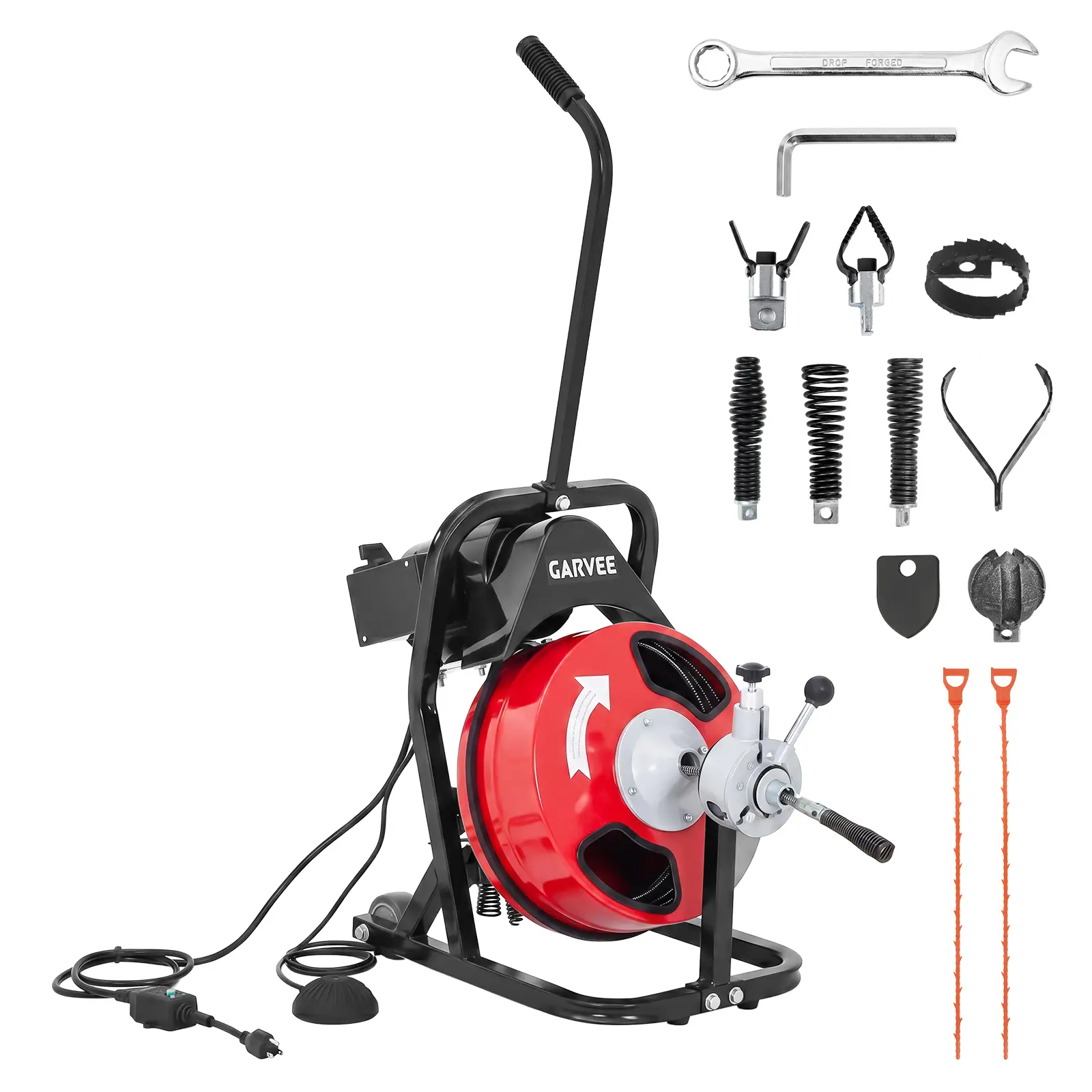 Garvee Professional 250W Electric Drain Cleaner Machine – 50FT 1/2" Sewer Snake Auger with Auto-Feed, Air-Activated Foot Switch, 4 Cutter Heads, Semi-Enclosed Drum – Heavy Duty Plumbing Tool for 2"–4" Pipes, Sinks, Toilets, Tubs – Fast & Effective