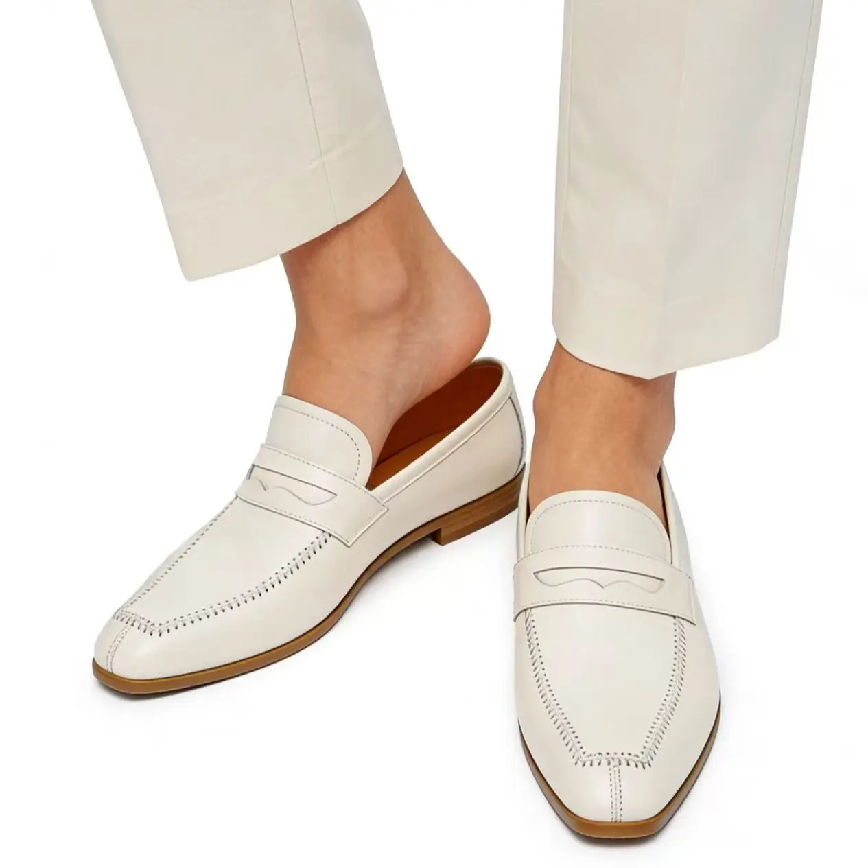 Men's Classic White Penny Loafers, Square Toe Slip-On PU Leather Dress Shoes for Business Casual & Weddings, Breathable Non-Slip Sole, Footwear, Penny Strap