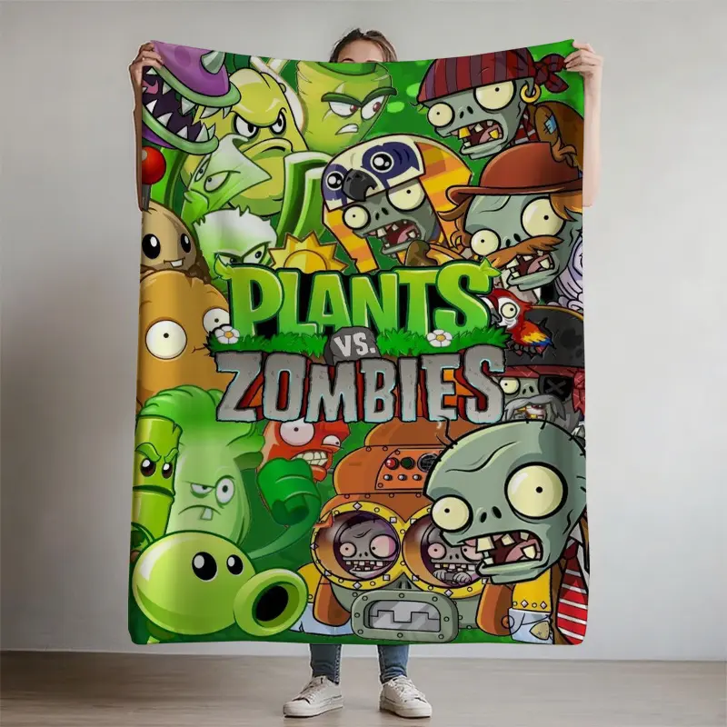 Plants vs. Zombies Game Throw Blanket - Soft Flannel All-Season Couch Bedspread with Zombie & Plant Characters, Lightweight Gaming Decor for Living Room, Office, Travel - Perfect Gift for Fans (Green/Red/Orange/Black/White) - Durable Polyester F 749