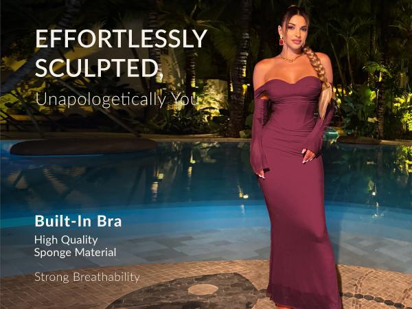 CurvySweet SDK0561A Elegant Off-Shoulder Mermaid Evening Dress For Women, Long Sleeve Pleated Waist Sweetheart Neck Formal Gown For Christmas, New Year, Wedding Guests, Bridesmaids, Homecoming & Evening Parties