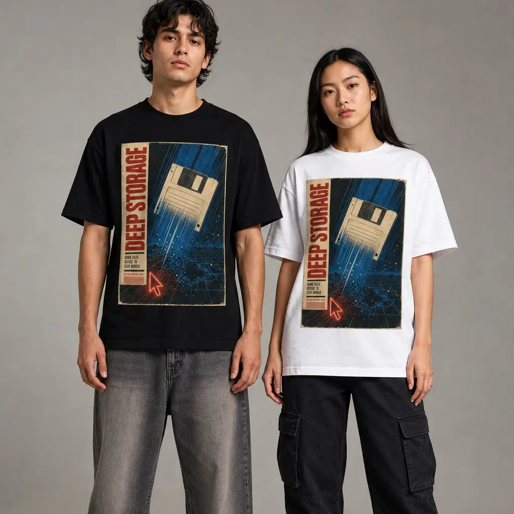 Deep Storage Retro Computer Graphic T-Shirt, Vintage Floppy Disk Tech Tee, Unisex Short Sleeve Crew Neck Shirt, Y2K Cyber Streetwear for Men and Women