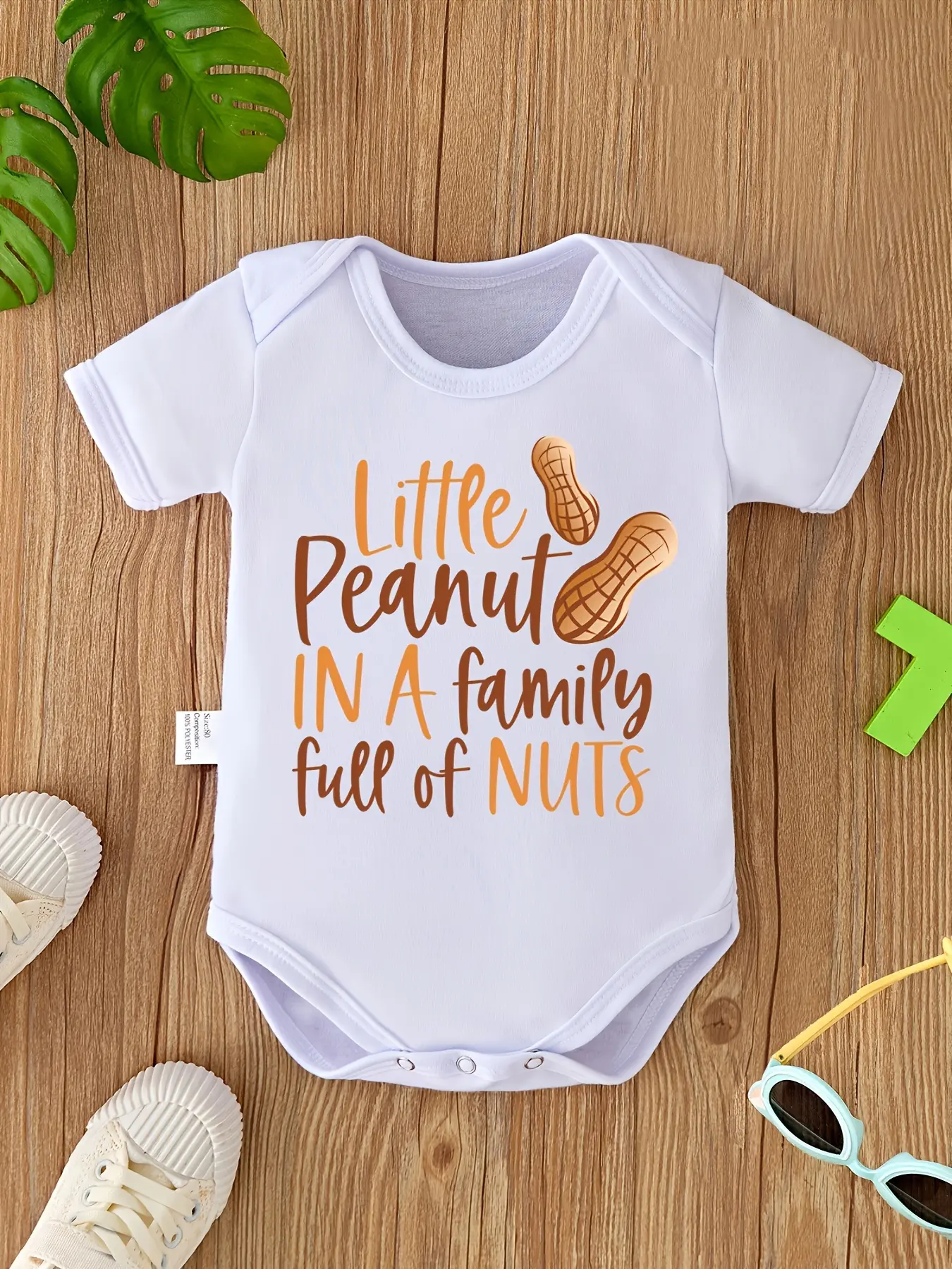 Unisex Baby Short-Sleeve Cotton Bodysuit, White "Little Peanut In A Family Full Of Nuts" Cute Graphic Onesie for Newborns