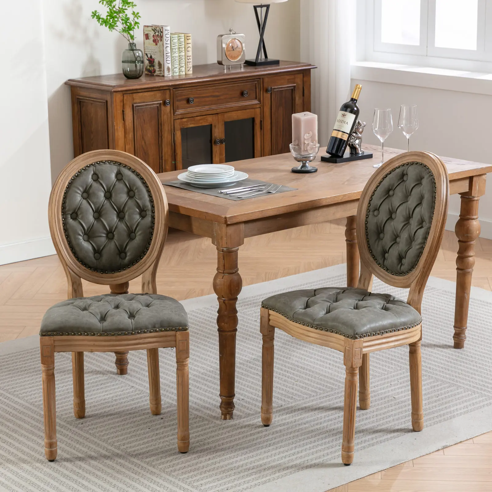 Set of 2 French Style Dining Chairs, Solid Wood Frame with Hand-Pulled Buckle Decoration, PU Artificial Leather Upholstery with Nailhead Trim, High-Density Foam & Steel Spring Inner, Adjustable Wood Legs, Supports 280 lbs