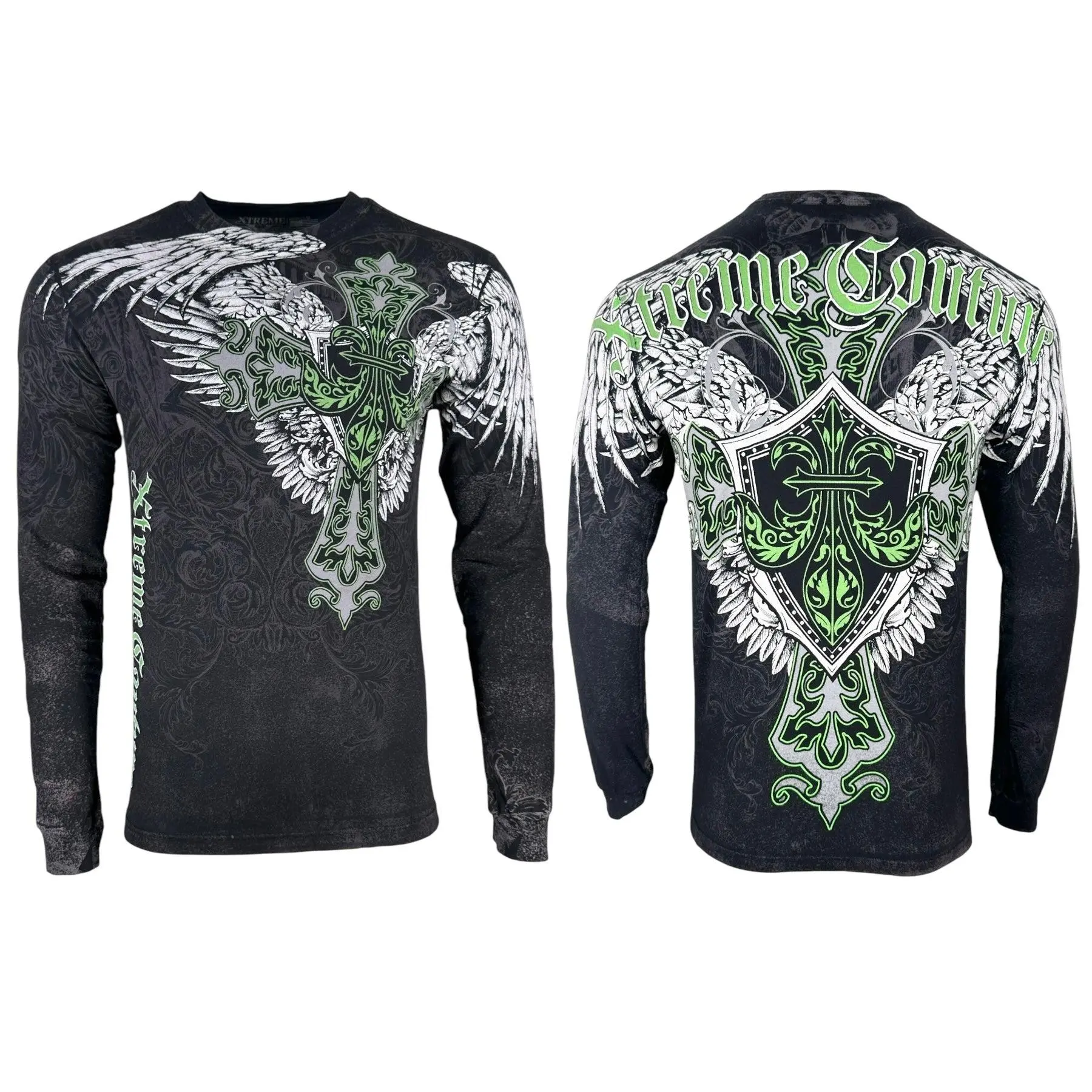 Xtreme Couture by Affliction Men's Cotton Round Neck Graphic Long Sleeve Streetwear Tshirt - Front Back Prints, Fashion Menswear Essential, Refer to Sizing Chart