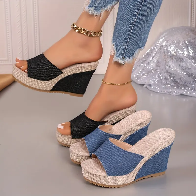 [Wedge Heeled Denim Sandals] Women's Denim Wedge Heeled Sandals, Casual Open Toe Platform Shoes, Comfortable Slip On Sandals Footwear Fashion Blue Classy Stylish