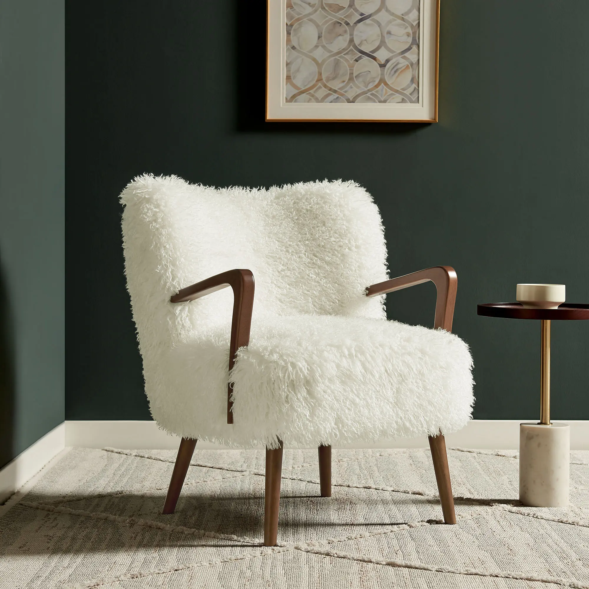Zerra Chic Midcentury Modern Faux Shearling Shaggy Accent Corner Chair with Glide, White, Assembly Required