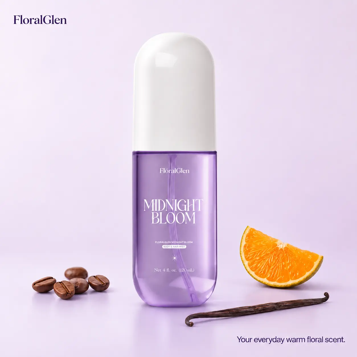 FloralGlen Midnight Bloom | Body & Hair Mist 120ml (4 fl oz) | Pink Pepper, Neroli, Coffee, Jasmine, Patchouli, Vanilla, Musk | Fruity Spicy Mysterious | Made with Clean Fragrance Oils | Luxury Body Hair Mist Fragrance Perfume for Women Ideal for Gift