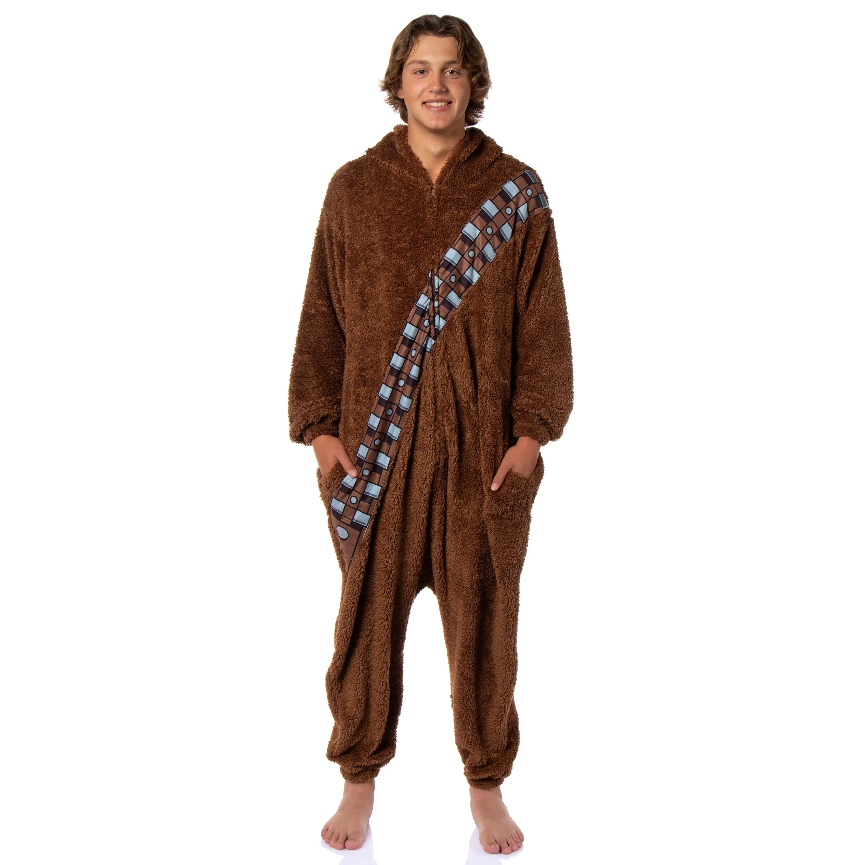 Star Wars Chewbacca Hooded Adult Plush Fleece Zip-Up Costume One Piece Footless Pajama Union Suit For Men and Women