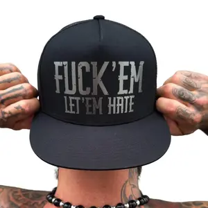 The Drive Clothing 'LET EM HATE' Electric Black Flat Bill Hat - Adjustable Snapback Black Hat With Electric Black Print, Mesh Back Flat Bill Design, Streetwear Baseball Style, Everyday Comfort Fit For Modern Casual Wear