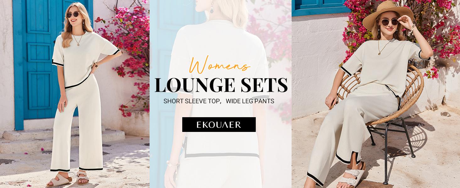 ekouaer women's knitted short sleeved top paired with wide leg pants with pockets, 2-piece set, suitable for s-XXL Nightwear ome wear pajama set