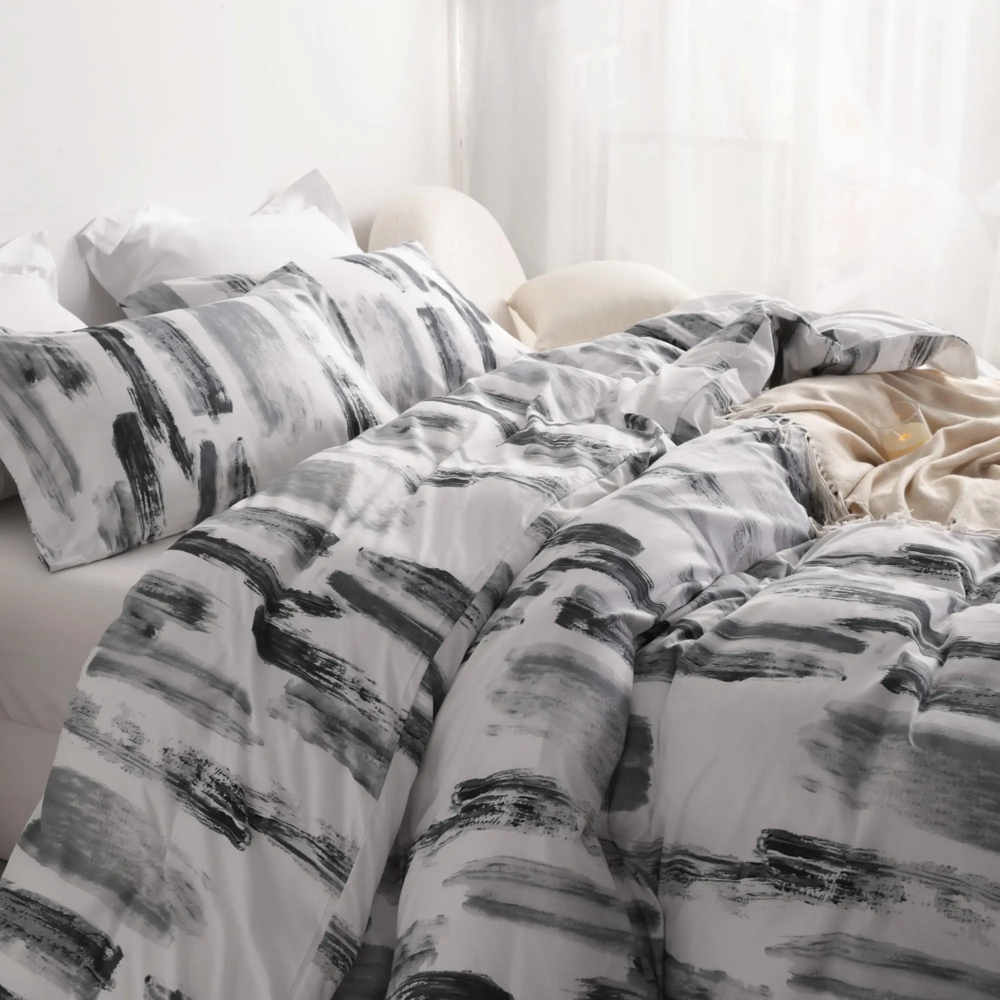 J9 Queen Grey Abstract Ink Print Modern Soft Fabric Brushed Microfiber Duvet Cover Set - 2/3 Piece, Black and White, Easy Care, No Iron, Hidden Double Zipper, 4 Corner Ties, Includes 2 Pillow Shams (Insert Not Included)