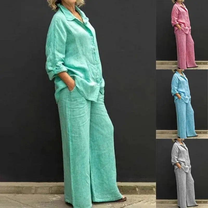 Casual Cotton Linen Two Pieces Set Women Autumn Long Sleeve Shirt Trousers Set Fashion Solid Loose-Fitting Straight Pants Suits Women Outfits Clothes Womenswear