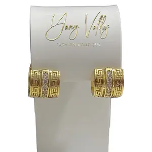 Medium-sized hoop earrings #1024 with a beautiful design, decorated in the center with stones.  gold plated. .(Not Solid Gold)