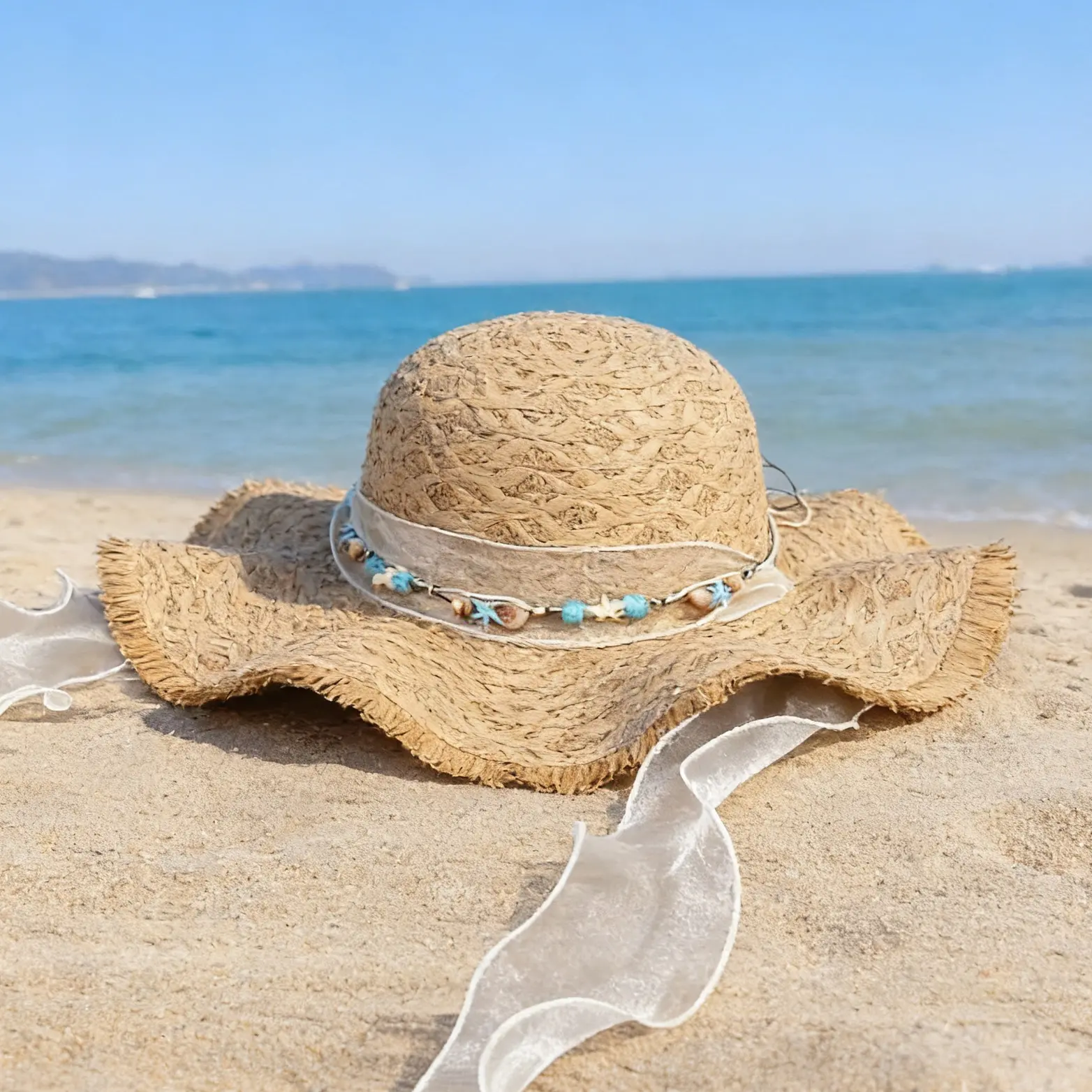SHIFFRINKEN Women's Wide Brim Straw Sun Hat with Wavy Edge & Ribbon, Lightweight Casual Hat for Summer Beach Travel, Engagement, Accessories For Women, Hats For Women