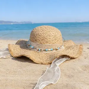 SHIFFRINKEN 2026 New Female Floral Wide-Brim Straw Beach Hat for Women, Summer Outdoor Travel Polyester Accessory with Fresh Minimalist Woven Straw and Flowing Wave Ribbon