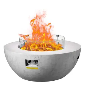 VEVOR Propane Fire Pit,  Outdoor Concrete Gas Fire Pit, 39 in Tabletop with Lava Rocks, Lid,Rain Cover,Adjust Flame Height Camping Firepit for Heating, Lighting, 50000 BTU