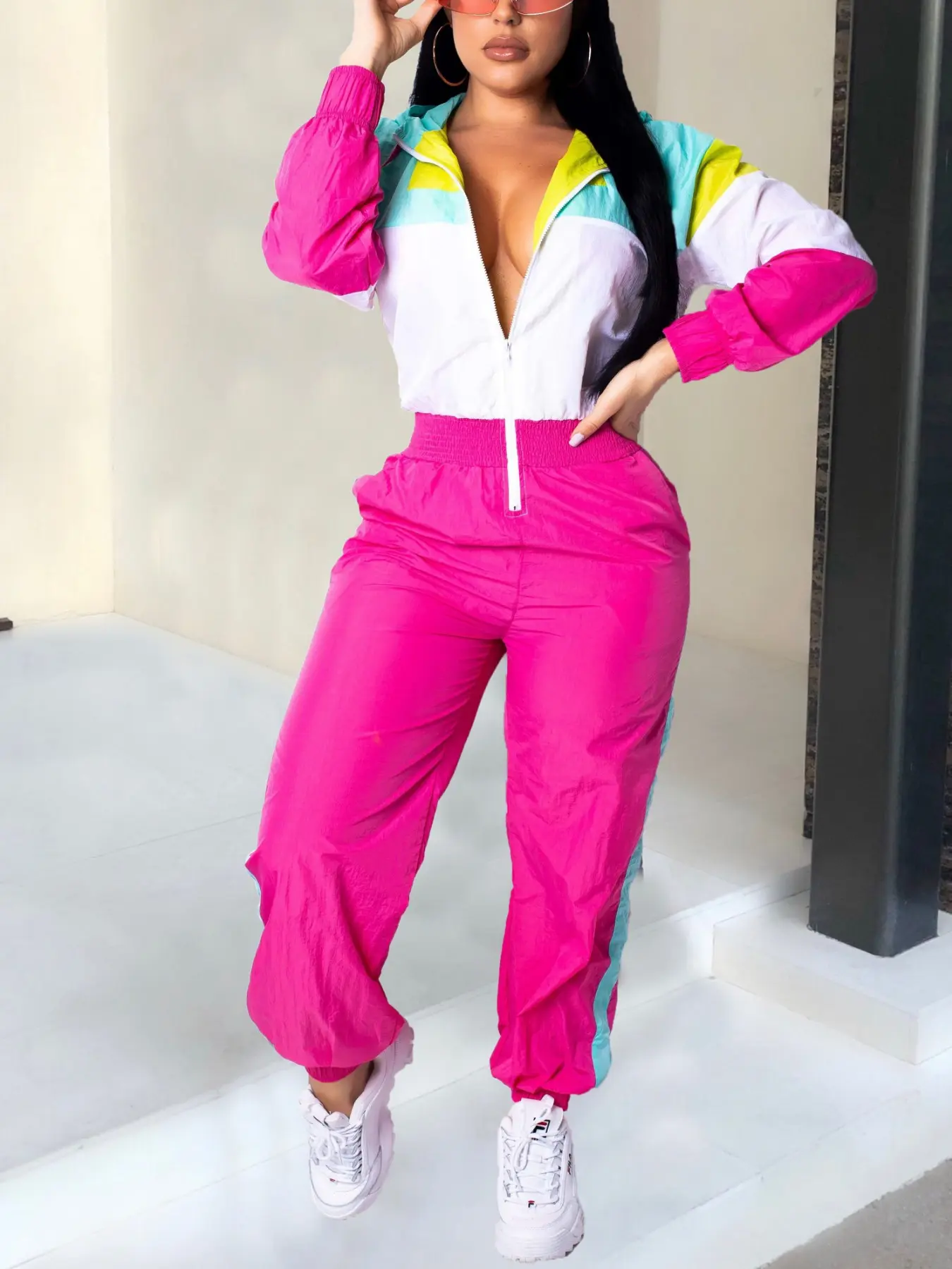 Women's Colorblock Hooded Jumpsuit with Pockets & Zipper, Elastic Waist Casual Fitted Jumpsuit, Lightweight Windproof Jumpsuit, Casual Jumpsuit, Colorblock Print Jumpsuit