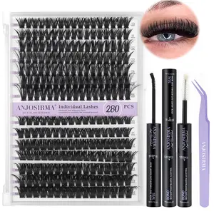 ANJOSIRMA DIY Lash Extension Kit 280pcs Wispy D Curl 10-16MM Lash Clusters with Bond & Seal Tweezers 80D+100D Makeup for DIY Lash Extensions