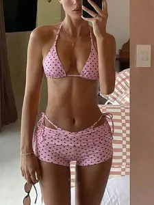 SIRENA Bonvoyette Summer New Beach Vacation Party Afternoon Tea Polka Dot Print Micro Triangle Side Tie Ruched 3 PiecesWomen Swimwear Set