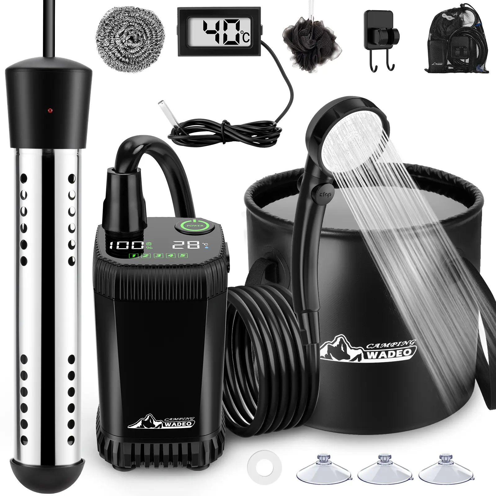 2026 Upgraded Portable Shower for Camping with Heater, Rechargeable Camping Shower with Intelligent LED Display, 5 Gal Foldable Bucket, 4 Spray Modes, Portable Shower for Travel, Pet Bath, Car Washing