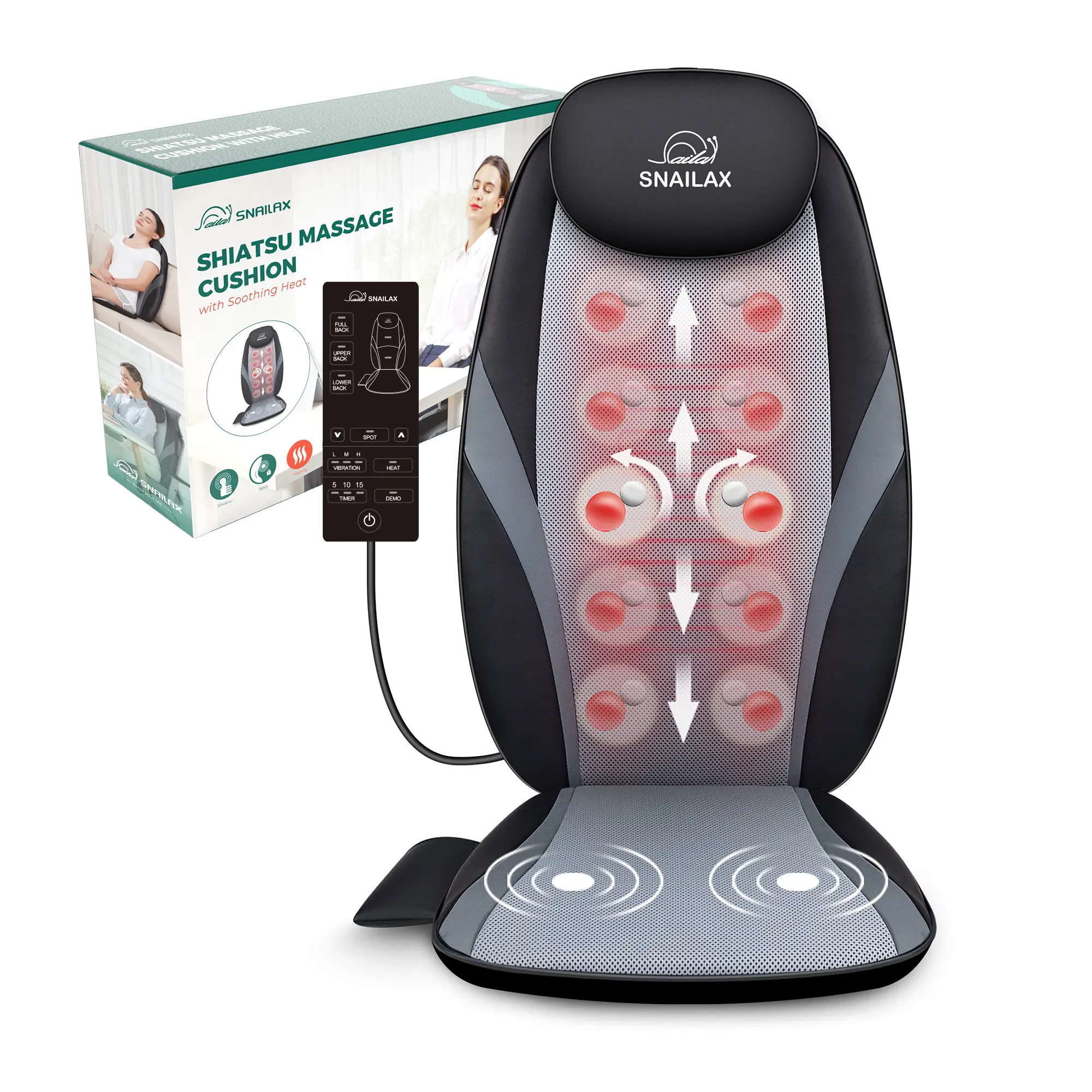 SNAILAX Shiatsu Back Massage Seat Cushion with Heat, Vibration & Full Back Coverage, Adjustable Selfcare Relaxation Aid for Home, Office Use