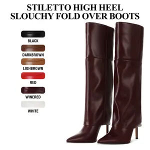 CYNLLIO Knee High Boots for Women Pointed Toe Stiletto High Heel Slouchy Fold Over Elegant Tall Boots Pull on Comfy Wide Calf Concert Party Outdoor Dress Fashionable Spring Shoes