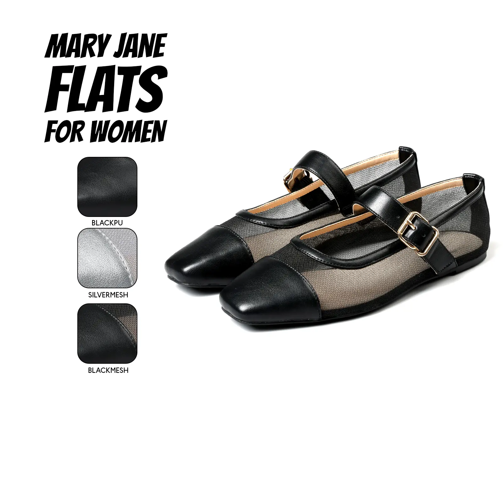 Mary Jane Shoes for Women Mesh Ballet Flats Square Toe Adjustable Buckle Strap Slip On Fashion Shoes Comfortable Casual Wedding Party Work Dress Shoes Spring Summer Sandals