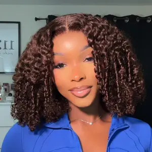 UNice 250% Density Glueless Chocolate Brown Afro Kinky Curly Wig with Layer Finger Coil Ends 7x5 Lace Closure Human Hair Wigs with Drawstring Pre Plucked Hairline Bleached Knots Beginners Friendly