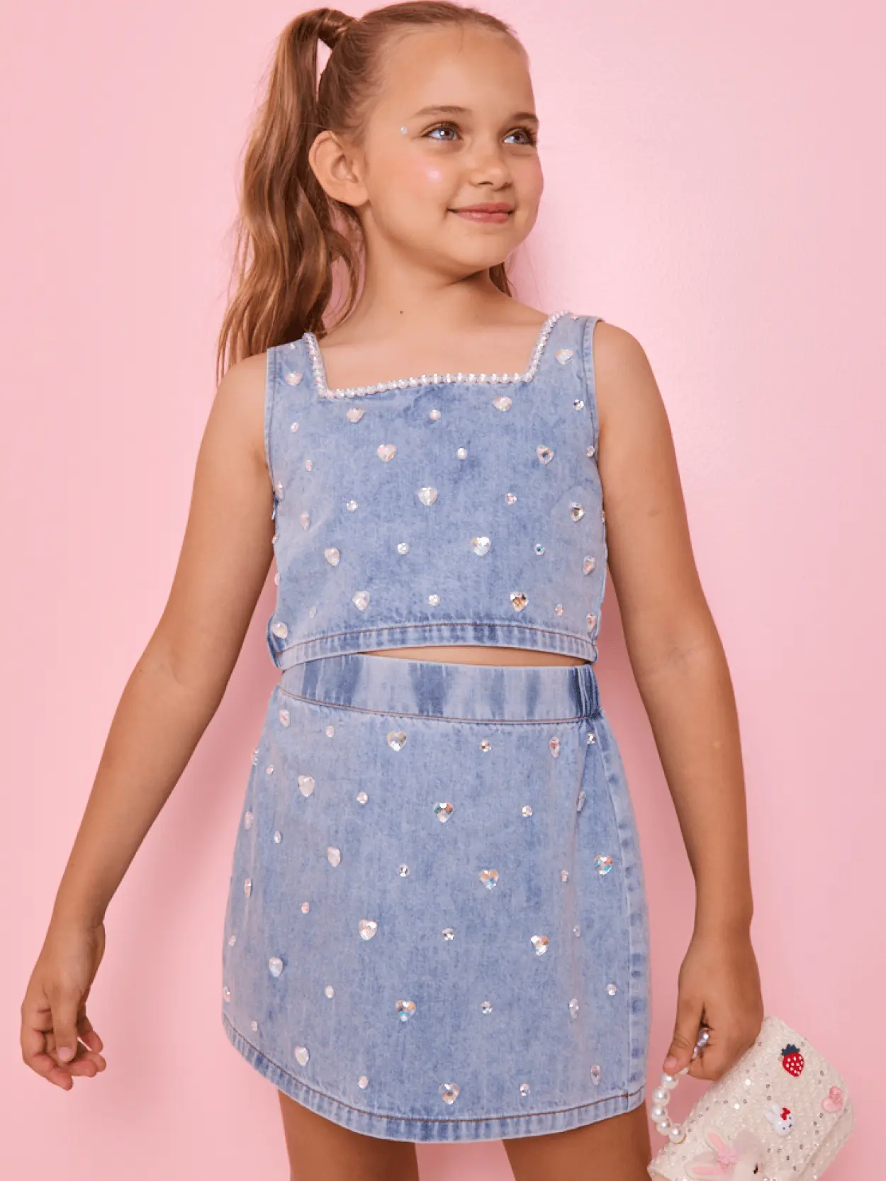 Crystal Heart Denim Skirt Set
