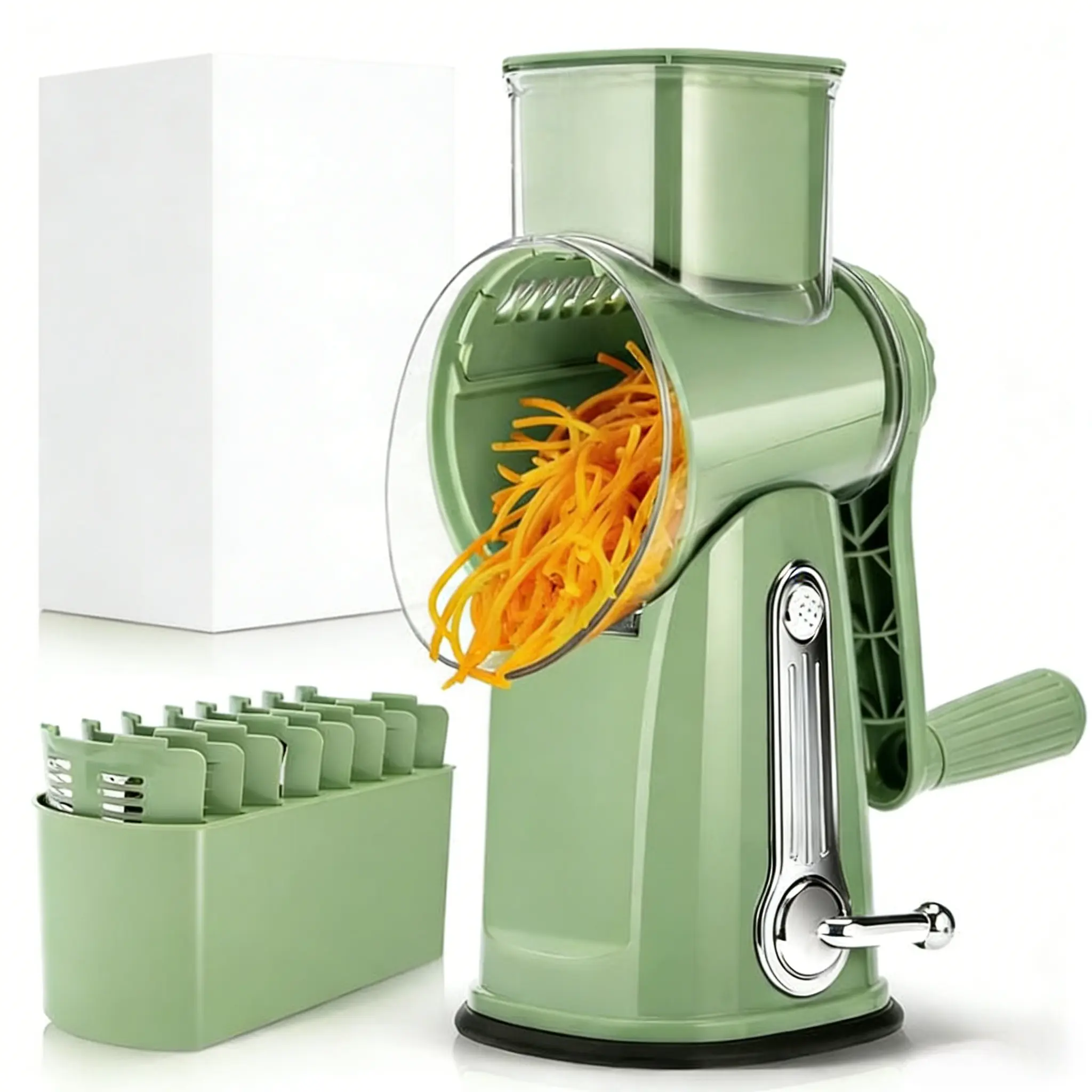 Rotating Food Grater Chopper with Handle, with 5 Well-Designed Blades and Strong Suction Cup Base, Comes with 1 Blade Storage Box Vegetable Cutting Slicer Vegetable Slicer Dicer Kitchen Utensils Vegetable Fruit Cutter