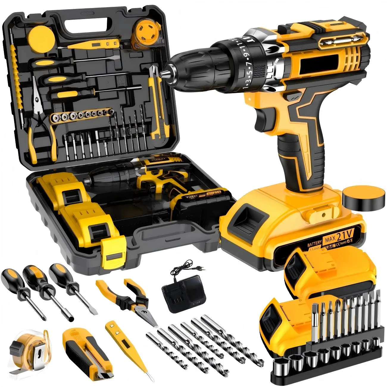 78-Piece ABS Plastic Tool Kit Set, 21V Power Cordless Combo Kit - Cordless Drill-Screwdriver, Hammer, Tape Measure, Pliers, Precision Tools for Home DIY, Woodworking, Father’s Day Gift for Men, Cordless Kit