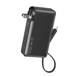 10000mAh Wall-Plug Power Bank with Built-In Cables – Portable Charger Features PD 22.5W Fast Charging, LED Display Screen, and Foldable AC Wall Plug for Travel