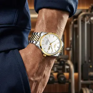 Luxury Men's Analog Watch with White Dial, LANDQINDY Gold-Silver Mixed Band, 100M Waterproofing, Fluorescence Night Vision Effect, Elegant Roman/Diamond Index Accents.