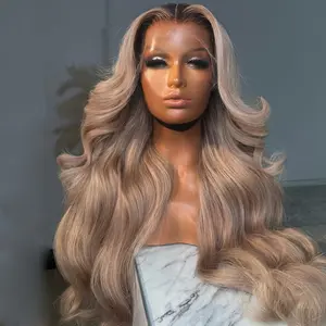 Ombre Ash Blonde 13x6 Lace Frontal Human Hair Wig 180 Density Milk Tea Colored with Dark Brown Roots Transparent Lace Front Pre Plucked for Women